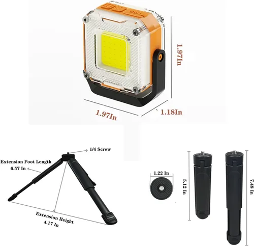 Vista 2 de Luz de trabajo recargable de 2000 lúmenes, linterna de campamento LED de doble cara de 8 modos con imán y trípode, luz de emergencia portátil