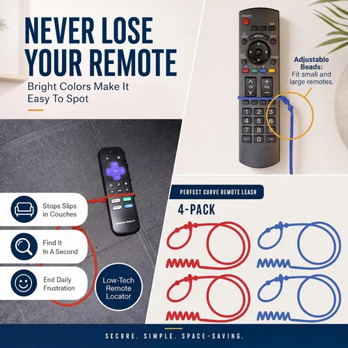 Vista 2 de Perfect Curve Paquete de 4 Correas de Silicona con Cable Remoto - Cordón Ajustable para Control Remoto de TV para Ajuste Cómodo, Nunca Pierdas tu