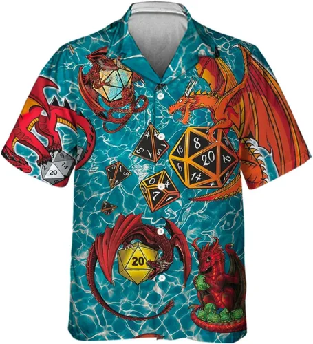 Vista 2 de Camisa de playa Aloha de manga corta con diseño de dragón de mazmorra y estampado floral para verano