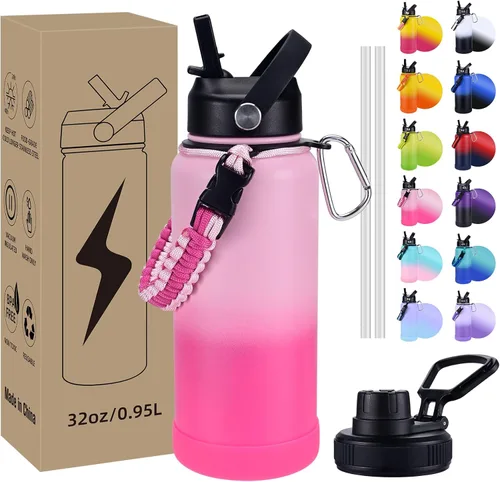 Vista 20 de Botella de Agua Aislada, botellas de agua de boca ancha de acero inoxidable de 32 onzas con 2 tapas a prueba de fugas y mango de paracord, botella