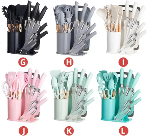Vista 3 de Juego de utensilios de cocina y cuchillos de cocina de 19 piezas con bloque de soporte, incluye 11 utensilios de cocina de silicona, 5 cuchillos