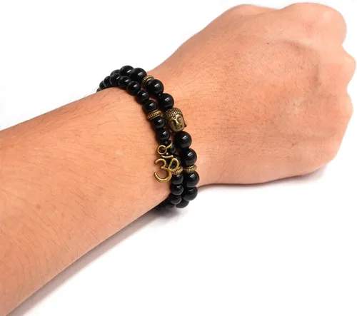 Vista 5 de Domika Pulsera de cuentas de ágata negra con cabeza de Buda y terapia de oración budista OM Juego de pulseras elásticas religiosas