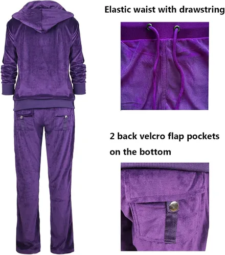 Vista 5 de LI HANTON Conjunto deportivo de terciopelo para mujer, 2 piezas, sudadera con capucha y cremallera completa