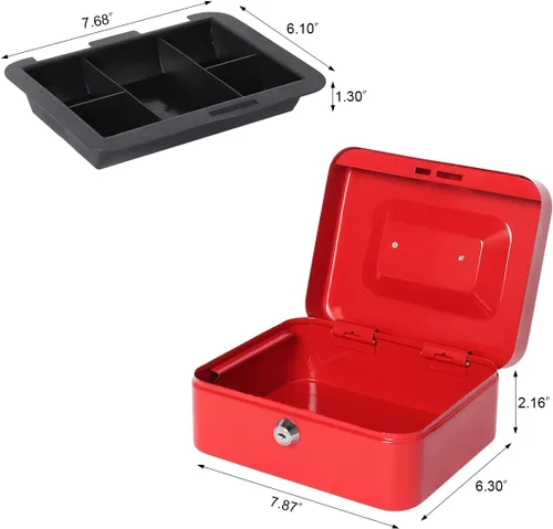 Vista 5 de Caja de dinero pequeña con bandeja de dinero y cerradura, caja de dinero de metal para efectivo, caja de seguridad de 7.87 x 6.3 x 3.54 pulgadas