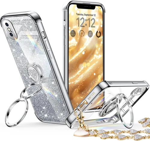 Vista 27 de XYZ para Funda de iPhone Xs Max con Soporte, Funda de Teléfono con Doble Soporte de Anillo, Funda de Amor-Corazón Linda de Lujo con Brillantina