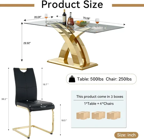 Vista 8 de Juego de mesa de comedor de vidrio de 70 pulgadas para 4, mesa rectangular de cristal dorado con 4 sillas de piel sintética, juego de mesa de Mesa