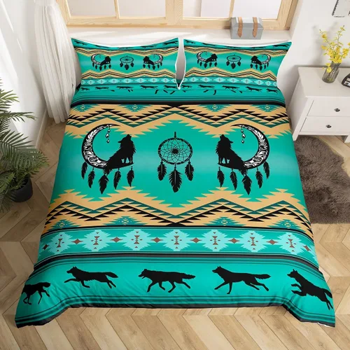 Vista 59 de Erosebridal Juego de funda de edredón estilo bohemio occidental tamaño individual, diseño de vaca atrapasueños del suroeste, juego de ropa de cama