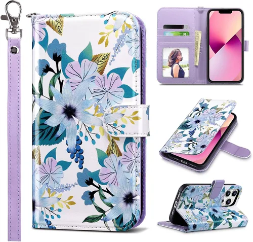 Vista 11 de ULAK Compatible con iPhone 13 Funda tipo cartera para mujer, funda tipo billetera de piel PU con tarjetero y función de caballete, funda protectora