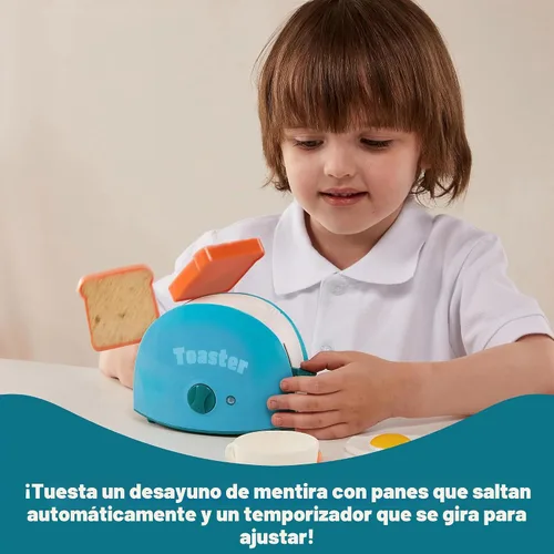 Vista 5 de Joyin Juguetes de cocina para jugar, accesorios de cocina de comida para niñas, juguete con cafetera, mezclador, tostadora con luces y sonidos Azul