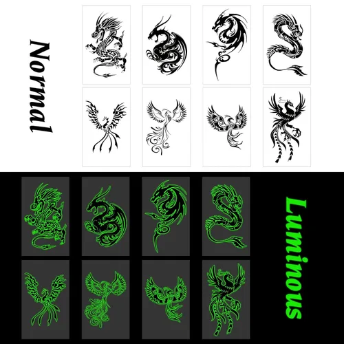 Vista 4 de 16 hojas de tatuajes temporales luminosos de dragón fénix que brillan en la oscuridad dragón decoración de fiesta de cumpleaños, suministros