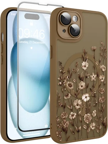 Vista 136 de Magnético para iPhone 13 con protector de pantalla [Compatible con MagSafe] Diseño de patrón floral de flores bonitas, funda delgada a prueba