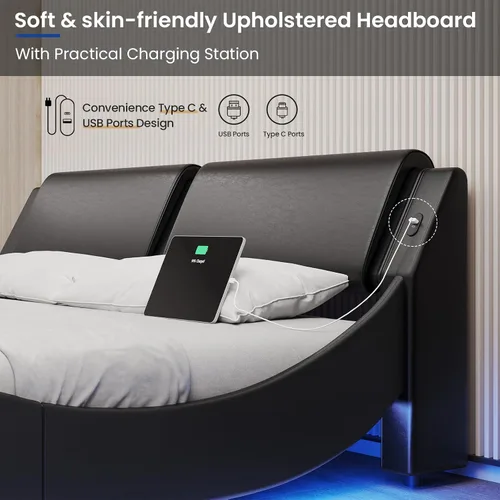 Vista 12 de DICTAC Base de cama California King con cabecero y luces LED, moderna base de cama LED Cali King con puertos USB y tipo C, de piel sintética