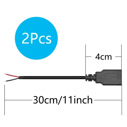 Vista 7 de USB A hembra a 2 Pin alambre desnudo, cable de coleta USB 5V/3A ninguna función de datos USB Open End Power Cable 11", Tinned Tail, 22AWG for USB