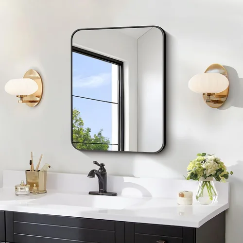 Vista 21 de FORBATH - Espejo de baño negro para sobre lavabo, espejo de pared de 16x24 pulgadas con marco de metal, esquinas redondeadas para baño, dormitorio