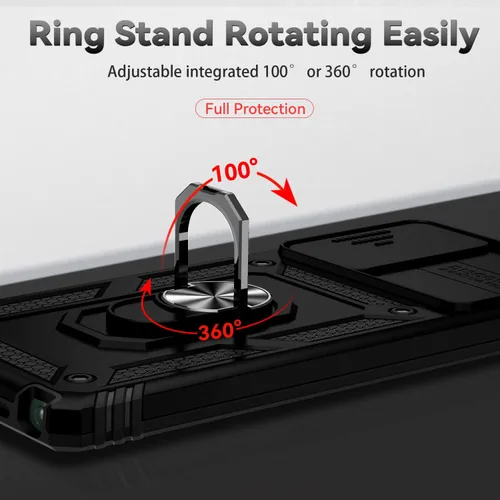 Vista 5 de Funda protectora para teléfono con cubierta deslizante para cámara, soporte de anillo magnético y 2 películas autorreparables Compatible