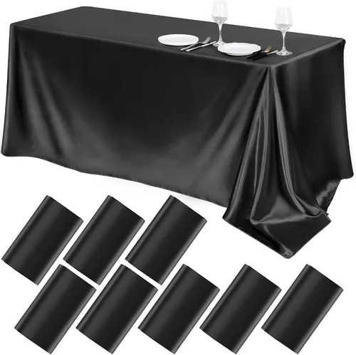 Vista 31 de TURSTIN Paquete de 4 manteles de satén negro de 102 x 58 pulgadas, mantel rectangular de seda brillante, tela suave, decoración de mesa para bodas
