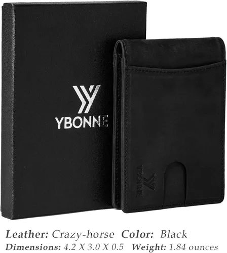 Vista 6 de YBONNE Cartera plegable compacta funcional con bloqueo RFID para hombres, hecha de cuero auténtico más fino