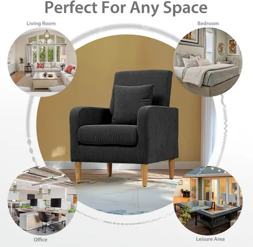Vista 7 de OS MOTOR Sofá tapizado con almohada, sillón de tela con patas de madera, cómoda silla de descanso para sala de estar, dormitorio u oficina, soporta