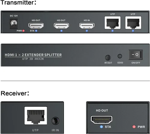 Vista 4 de Divisor extensor HDMI 1x2 HD 4K @60Hz hasta 196.9 ft (196 pies) - Cable de salida CAT5/CAT6/CAT7 Transmisor y receptor HDMI con interruptor