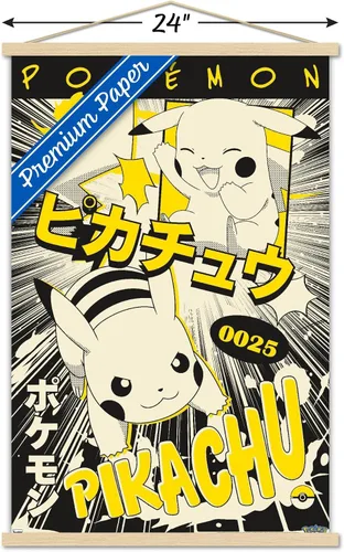 Vista 3 de Trends International Pokémon - Póster de pared de anime Pikachu, 22.37 x 34.00 pulgadas, paquete de impresión premium y colgador de madera de haya