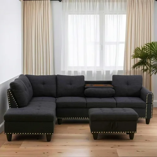 Vista 4 de Sofás en forma de L para sala de estar, muebles de sofá seccional para sala de estar con otomana de almacenamiento, sofá seccional modular con Gris