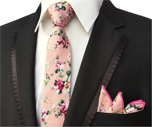 Vista 2 de Conjunto de corbata y bolsillo cuadrado para hombre diseño de corbata de algodón floral