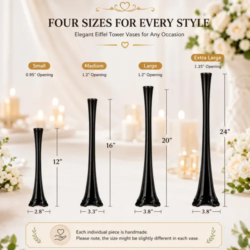 Vista 5 de pack de 12, jarrones de la Torre Eiffel para centro de mesa, flores, bodas, decoración. (40,6 cm, negro)