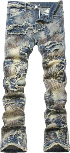 Vista 26 de Baylvn - Pantalones de mezclilla para hombre con diseño patchwork, ajustados y cómodos, estilo motociclista 3132 Camuflaje y azul