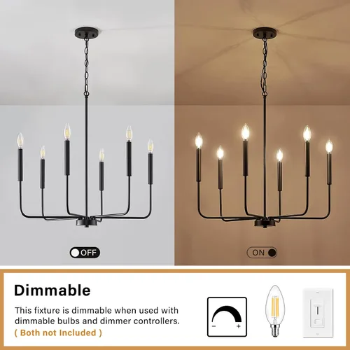 Vista 4 de Lámpara de araña negra, moderna lámpara de comedor de granja de 6 luces con cadena, accesorios de iluminación colgantes de metal, luces de comedor