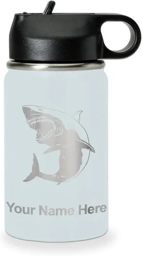 Vista 65 de LaserGram Botella de agua personalizada, gran tiburón blanco, acero inoxidable de doble pared aislada al vacío con popote superior, regalo grabado