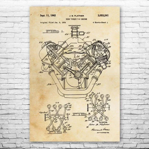 Vista 5 de V8 - Póster de motor impreso, arte de coche musculoso, hemisférico, plano del motor, taller de garaje, taller de carrocería, blanco y negro