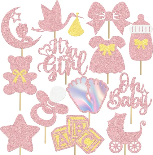 Vista 2 de 16 piezas de centros de mesa de fiesta It's A Girl para niñas, decoración de fiesta de baby shower, con purpurina de oro rosa Oh Baby Reveal