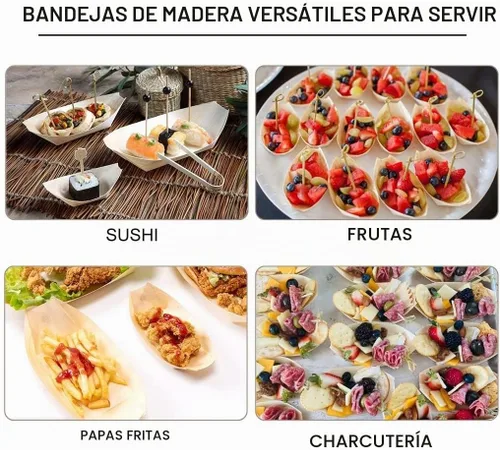 Vista 4 de Bandejas desechables de madera para servir, paquete de 100 platos desechables de 7 pulgadas, platos desechables para aperitivos, sushi, postres