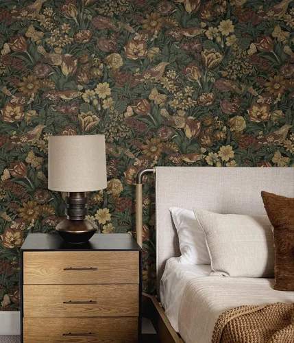 Vista 2 de Seabrook Designs Rollo de papel pintado prepegado floral de caoba y grafito PR11708