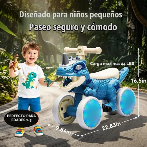 Vista 4 de Bicicleta de equilibrio de dinosaurio para niños pequeños, juguete Azul
