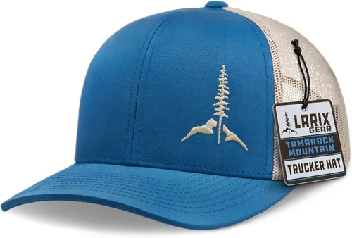 Vista 11 de Larix Hats for Men, Trucker Hat Men, Tamarack Mountain, Mesh Snapback Negro/ Gris