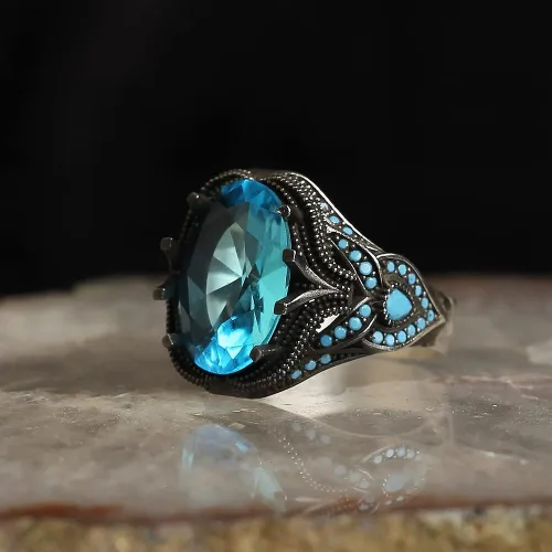 Vista 3 de 925 Sterling Silver Aquamarine Stone with Turquoise Stones Men Silver Ring, Handmade Blue Aquamarine Stone Men's Silver Ring, Vintage Men Ring