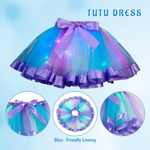 Vista 5 de Conjunto de disfraz de sirena para niñas con collar de corona, vestido de tutú arcoíris para fiesta de cumpleaños de Halloween