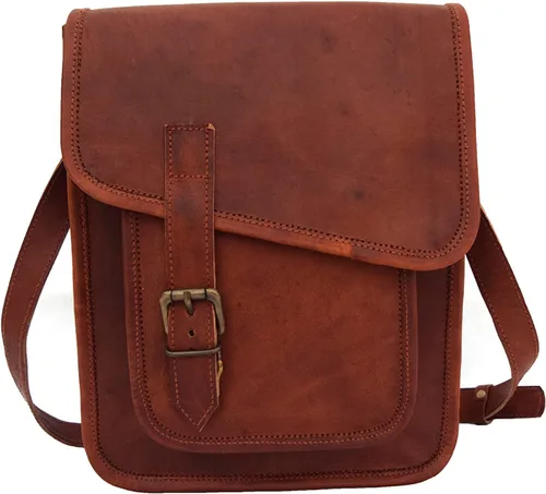 Vista 3 de Bolso bandolera de cuero genuino de 11 pulgadas para hombres y mujeres, unisex, para adolescentes, bolso bandolera para iPadTab Mini, Marrón