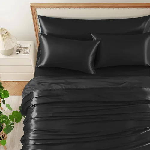Vista 3 de Juego de sábanas de satén de 4 piezas de color negro tamaño individual, juego de ropa de cama de satén sedoso negro con 1 sábana encimera de satén