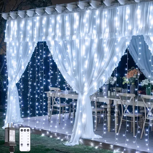 Vista 10 de JMEXSUSS 200 luces LED de cortina rojas, blancas y azules, 6.5 pies x 6.5 pies, 4 de julio, luces USB enchufables, 8 modos patrióticos de cortina