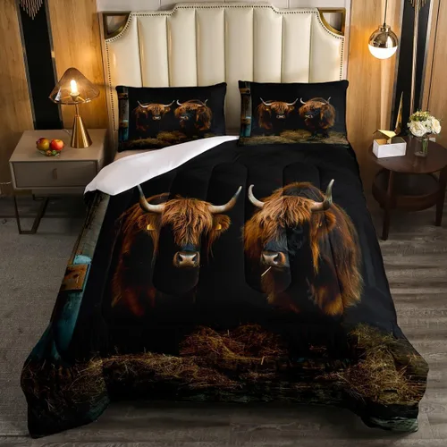 Vista 40 de Ropa de cama con estampado de vaca marrón tamaño individual, juego de edredón rústico de piel de vaca con calavera de vaca, relleno de edredón
