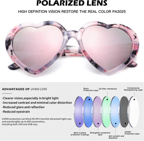 Vista 5 de Pro Acme Lentes de sol de corazón para mujer, polarizados, encantadores, estilo retro, de moda roja