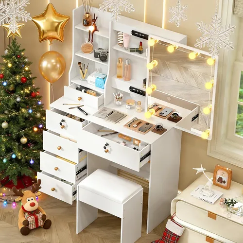 Vista 20 de Escritorio blanco cálido con espejo iluminado LED, mesa de tocador de maquillaje con armario izquierdo iluminado, 6 cajones y taburete, tocador