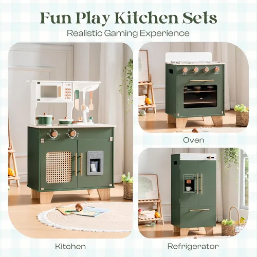 Vista 2 de ROBOTIME Juego de cocina con nevera de juguete, horno de juguete, juego de cocina de madera para niños, juego de cocina de juguete para niños de 3 4