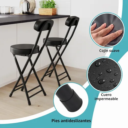 Vista 5 de Taburete plegable, taburete de bar plegable acolchado acolchado, 24 pulgadas de altura negra, taburete portátil resistente con capacidad de 300