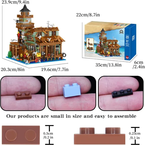 Vista 6 de 1881 piezas de bloques de construcción de cabaña de madera de pueblo pesquero con iluminación LED, ideales creativos, juegos de construcción