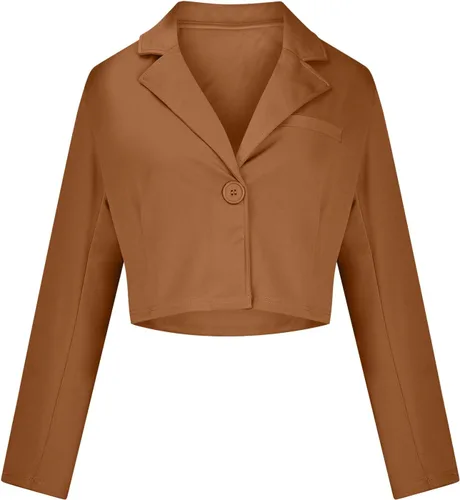 Vista 7 de Calssic - Chaqueta corta para mujer, con un botón, parte delantera abierta, manga larga, ligera, para el trabajo, oficina, bonita, ombliguera