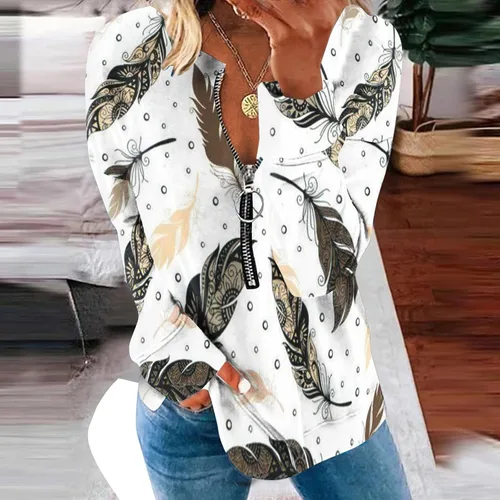 Vista 3 de Womens Crew Neck Sweatshirts Tops Leaf Feather Print Ladies Hooded Sweatshirt Casual Pullover Top Winter Sweaters