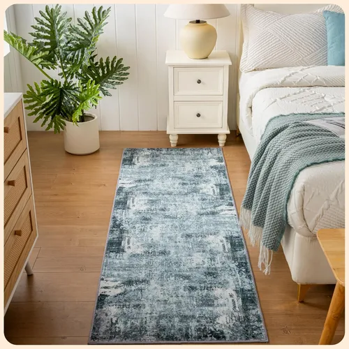 Vista 279 de Istana Alfombra larga antideslizante de 2.5 x 8 para el hogar, para pasillo y cocina, lavable, sedosa y suave al tacto, elegante, color azul y marfil